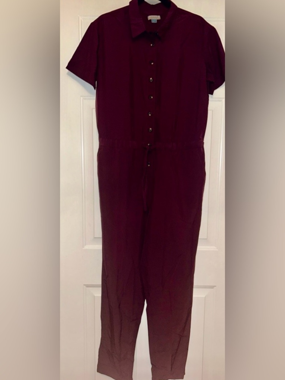 Serra Button-Front Short Sleeve Jumpsuit L Purple NWOT Tie Cinched Waist Casual